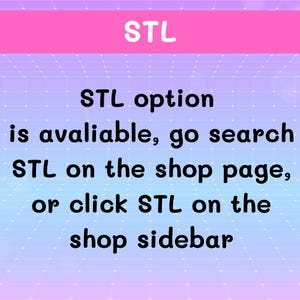 Peut inclure: Graphique avec le mot "STL" en blanc sur une banni&egrave;re rose. En dessous, du texte en noir sur un fond d&eacute;grad&eacute; violet et bleu indique "L'option STL est disponible, recherchez STL sur la page de la boutique, ou cliquez sur STL dans la barre lat&eacute;rale de la boutique."