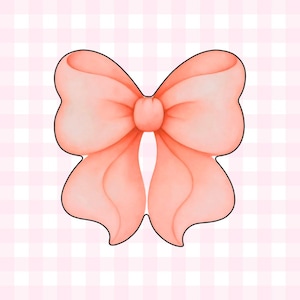 May include: A peach-colored bow illustration featuring soft, rounded loops and flowing tails. The design is outlined in a bold black line, creating a clear, graphic shape with a smooth, uniform color fill throughout the entire bow structure.