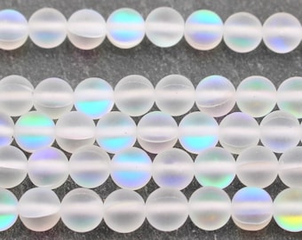 6mm Frosted Iridescent Glass Beads: Imitation Moonstone