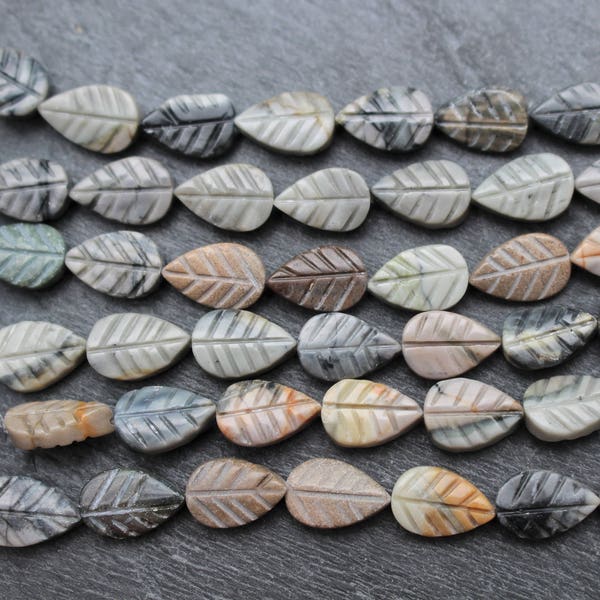 Picasso Stone Leaf Beads, Leaves, 12mm x 8mm, Full or Half Strand, Leaf Beads, Jasper Leaves, Natural Beads, Earthy Beads, Earth Colors