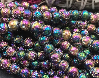 Sparkly Rainbow Electroplated Lava Beads, 8mm, Round, Colorful Lava Beads, Aromatherapy Beads, Essential Oils, Lava Beads, Mystic