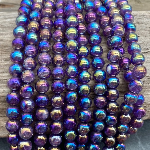 6mm Mystic Amethyst, Full or Half Strand, Round, Aura Agate, Amethyst Beads, Aura, Beads, AB, Purple Beads, Electroplated Amethyst, Amethyst