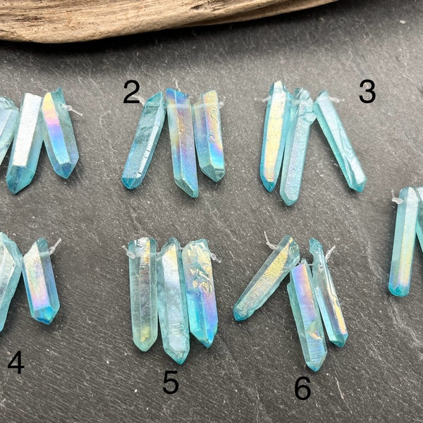 TRIO of Aqua Aura Crystal Point Beads, Top Horizontal Drilled, Quartz Points, Crystal Points, Aqua Crystals, Aqua Blue, Beads