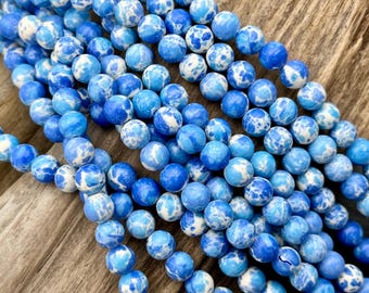 6mm Cornflower Blue Impression Jasper Beads: Round, Dyed, Sea Sediment Jasper