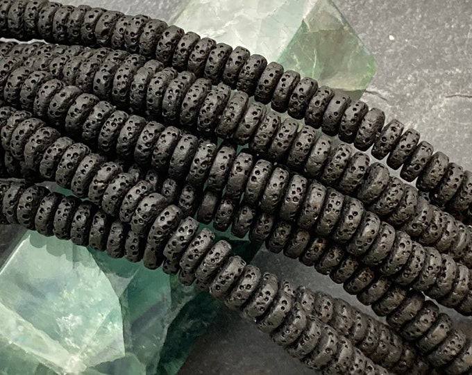 Black Lava Heishi Beads, Black Lava Rondelle Beads, 8x4mm, Aromatherapy