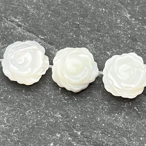 Three Mother of Pearl Rose Beads: Carved Shell Flower, 12mm