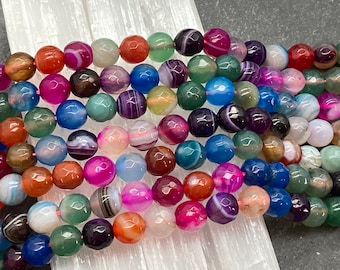 8mm Colorful Banded Agate, Multi Color, Faceted, Round, Agate, Agate Beads, Beads, Colorful, Rainbow Beads, 8mm Agate, Banded Agate, Striped