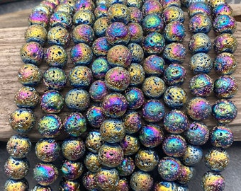 10mm Sparkly Rainbow Electroplated Lava Beads, 10mm, Round, Colorful Lava Beads, Aromatherapy Beads, Essential Oils, Lava Beads, Mystic