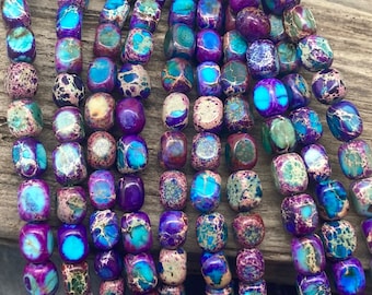 Purple Blue Impression Jasper Beads, 7mm, Sea Sediment Jasper, Half or Full Strand, Dyed Jasper, Blue Stone, Purple Stone, Rectangle, Cube