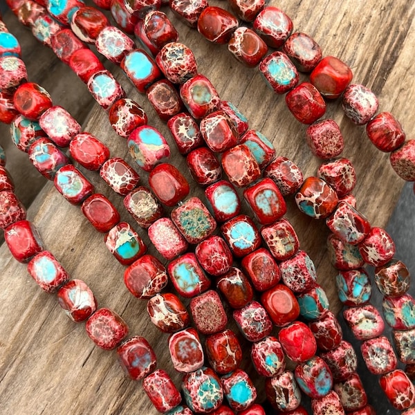 Crimson and Turquoise Impression Jasper Beads: 7mm, Rectangle