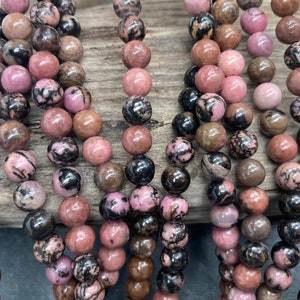 6mm Rhodonite Beads: Natural Pink & Black Veined, Round