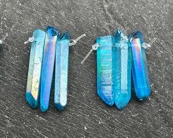 Trio of Blue Aura Crystal Point Beads, Top Horizontal Drilled, Quartz Points, Crystal Points, Blue Crystals, Blue, Blue Beads, Rainbow Aura