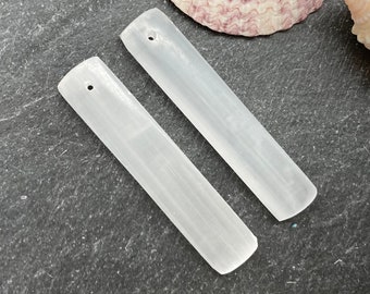 Matched Selenite Beads, 47mm, Top Center Drilled, Pair, Pendant Bead, Rectangle, White Stone, Earring Beads, Selenite Beads, Matched