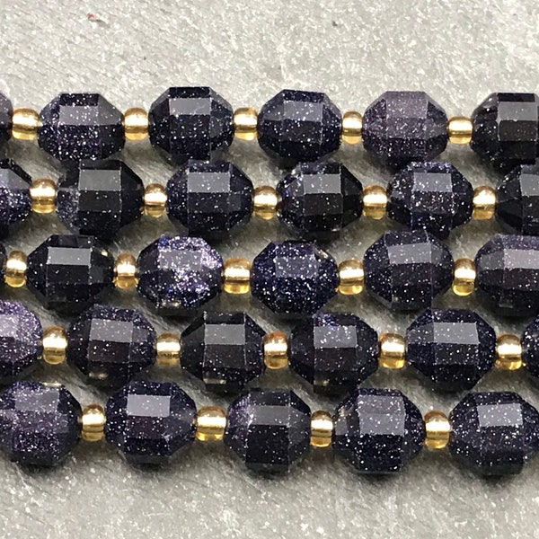 Sparkly 7x6mm Blue Goldstone Prism Beads, Full or Half Strand, Faceted, Tube, Blue Goldstone Beads, Sparkly Beads, Blue, 7mm