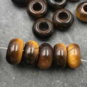 FIVE Large Hole Tiger's Eye Beads, 14x8mm, 5mm Hole, Rondelle, Gemstone, Brown, Large Hole Rondelle, Tigers Eye, Beads
