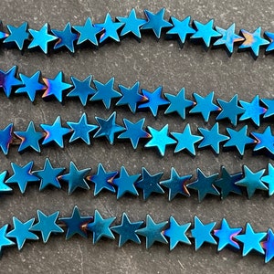 Dark Blue Electroplated Hematite Star Beads, 6mm, Full or Half Strand, 6mm Hematite, 6 mm, Metallic, Star Beads, Blue Stars