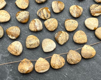 Può includere: Una collezione di perline a forma di cuore in arenaria, nei toni del beige, marrone e crema. Le perline presentano motivi e texture naturali, infilate su un filo di rame. Ideale per la creazione di gioielli o progetti artigianali.