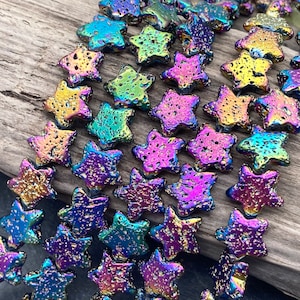 Rainbow Electroplated Lava Star Beads, 14mm (Half/Full Strand)