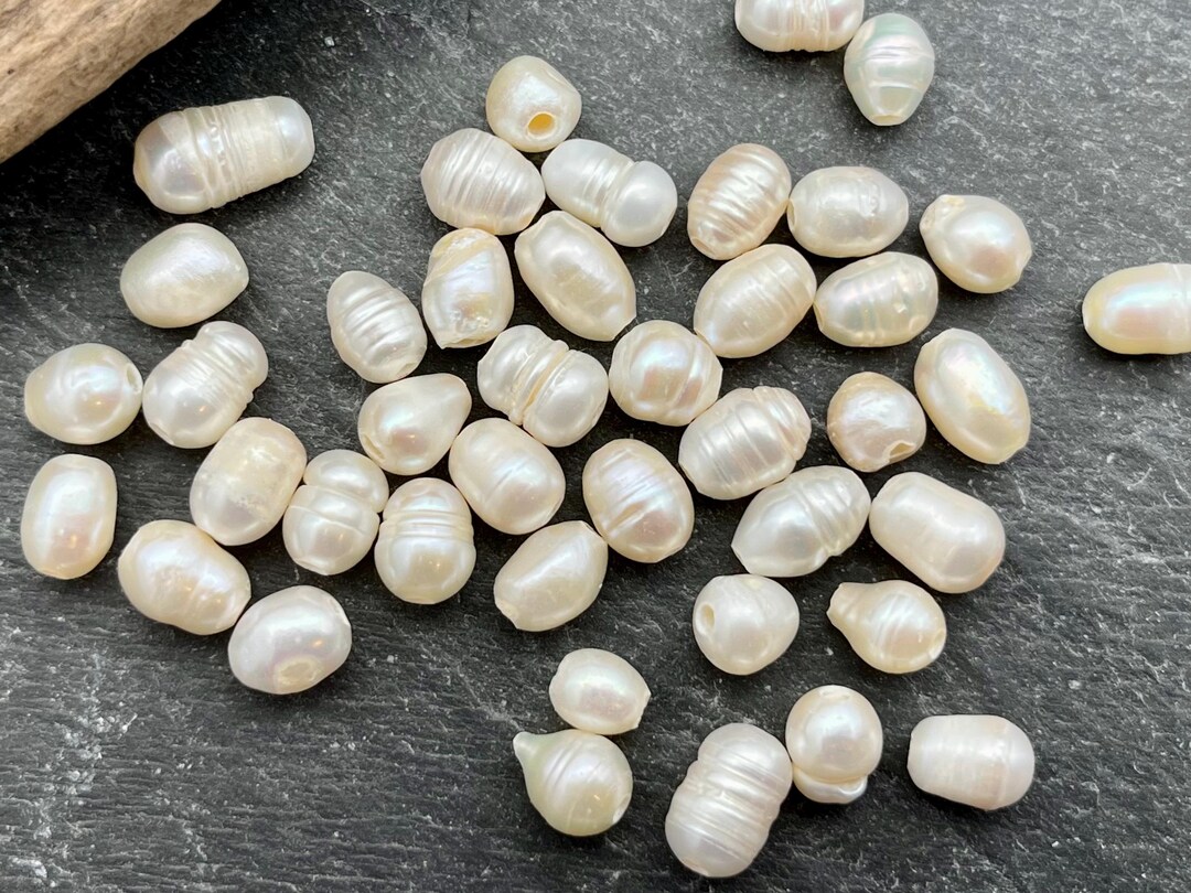 Ten Large Hole Freshwater Pearl Beads: White Pearls, Rice Shaped, Bumpy ...