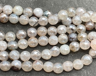 Mystic Antique White Agate Beads, 8mm, Electroplated, Micro Faceted, Round, Full or Half Strand, White Agate, Faceted, Aura, Banded Agate