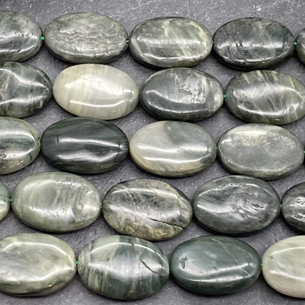 Seraphinite Oval Beads, 30mm x 20mm, Full or Half Strand, Natural Stone, Green Stone, Seraphinite, Seraphinite Beads, Oval, Green Bead