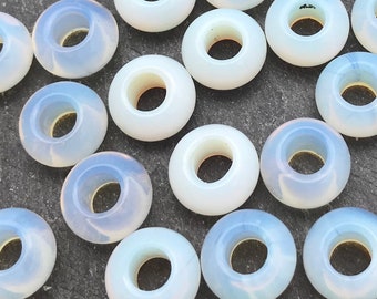 FIVE Large Hole Opalite Beads, 14x8mm, 5-6mm Hole, Rondelle, Gemstone, Large Hole Rondelle, White Beads, Beads