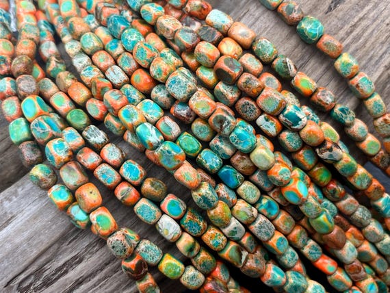 Turquoise and Tangerine Impression Jasper Beads, 7mm