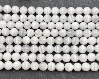Grade AA Selenite Beads, 8mm, Full or Half Strand, Round, Natural Stone, White, White Beads, Selenite, 8mm White Beads, White Stone, Beads