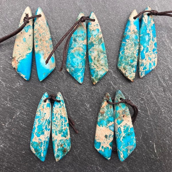 Matched Pair Bright Blue Impression Jasper Beads, Top Center Drilled, Wing Shaped, Pendant Bead, Earring Beads, Jasper, Imperial Jasper