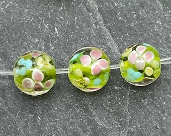 Four Lampwork Glass Flower Beads, 12mm, Green Floral