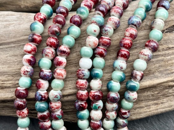 Antique Glazed Porcelain Beads: 6mm Red, Blue, White