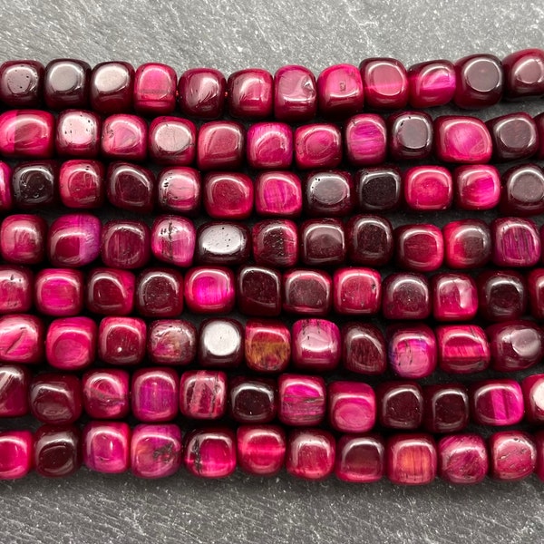 Fuchsia Tiger's Eye Cube Beads, 7-8mm, Full or Half Strand, Red Tigers Eye, Pink Tigers Eye, Purple Tigers Eye, Cube, Square, Red Beads