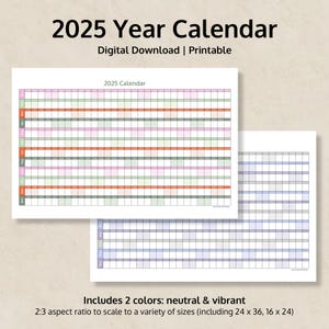 2025 Full Year Calendar Printable (month layout) in color | year at a glance, 2025 calendar, yearly calendar, 2025 digital calendar