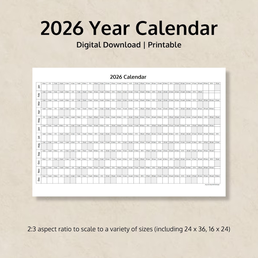2026 Ganzjahreskalender zum Ausdrucken (Monatslayout) | das Jahr auf