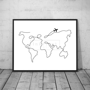 May include: A black and white line drawing of a world map with a small airplane flying over North America. The drawing is on a white background and framed in a black frame.