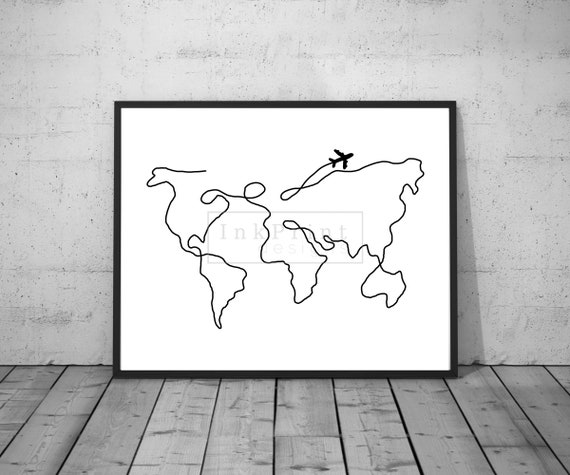 printable world map one line vector sketch etsy