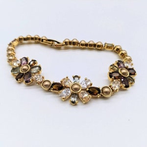 Vintage Monet Bracelet with Rhinestone Flowers - Gold Tone