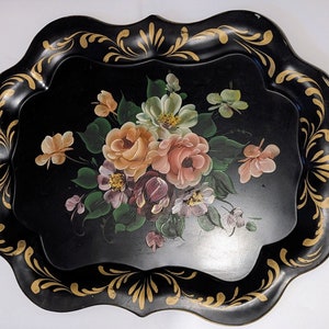 Black Hand Painted Floral Toleware Serving Tray - Etsy