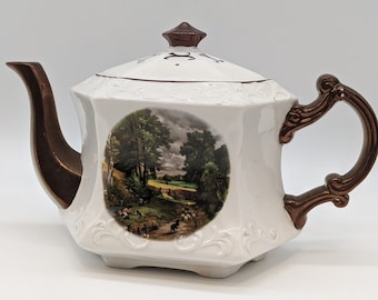 1940s Wood and Sons Burslem England Teapot Alpine White Ironstone River Scene 396 / 6