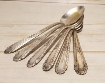 Può includere: Un set di sei cucchiaini d'argento con decorazioni elaborate sui manici. I cucchiaini sono impilati uno sopra l'altro, con il cucchiaio del cucchiaino superiore rivolto verso lo spettatore.