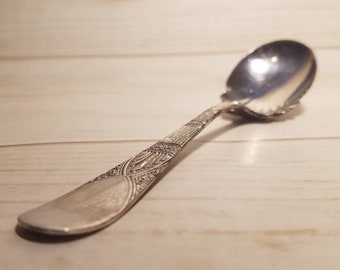 May include: A silver sugar spoon with an ornate design on the handle. The spoon is lying on a light wood surface.