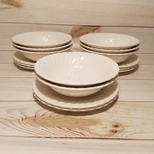 Antique White Plate and Bowl Set: Scalloped Farmhouse Kitchen Decor