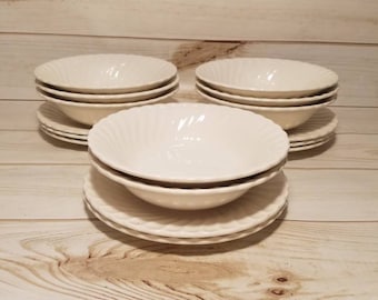 Antique White Plate and Bowl Set: Scalloped Farmhouse Kitchen Decor