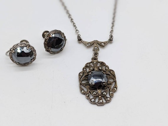 1910s Art Deco Sterling Silver Marcasite and Blac… - image 2