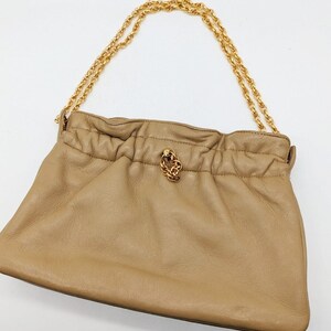 Vintage Beige Leather Clutch with Gold Tone Chain Shoulder Strap image 4