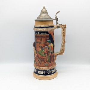SP Gerz German Beer Stein &quot;Card Playing Peasants&quot; No. 3250, Antique Tall Stein