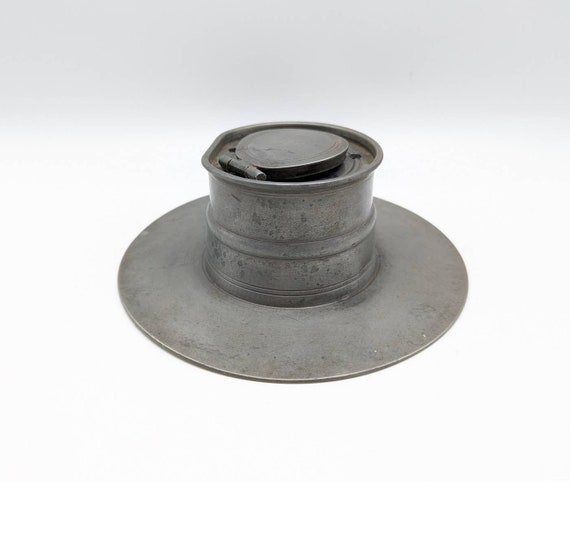 Extra Wide Base Pewter-Plated Inkwell with Quill and Ink Powder