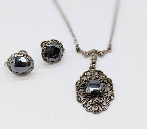 1910s Art Deco Sterling Silver Marcasite and Blac… - image 9