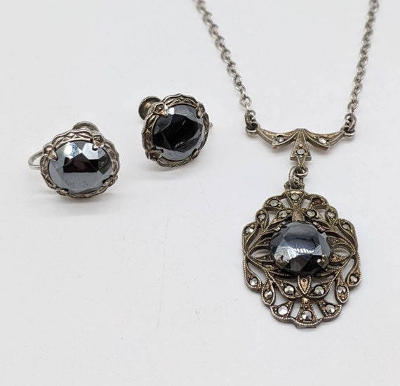 1910s Art Deco Sterling Silver Marcasite and Blac… - image 1