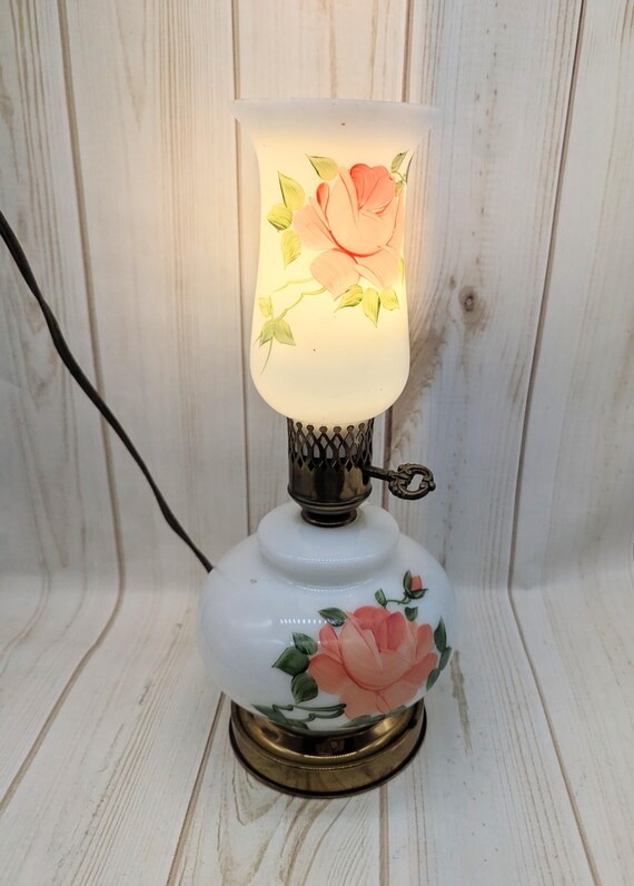 Vintage Milk Glass Three Way Electric Hurricane Lamp - Floral
